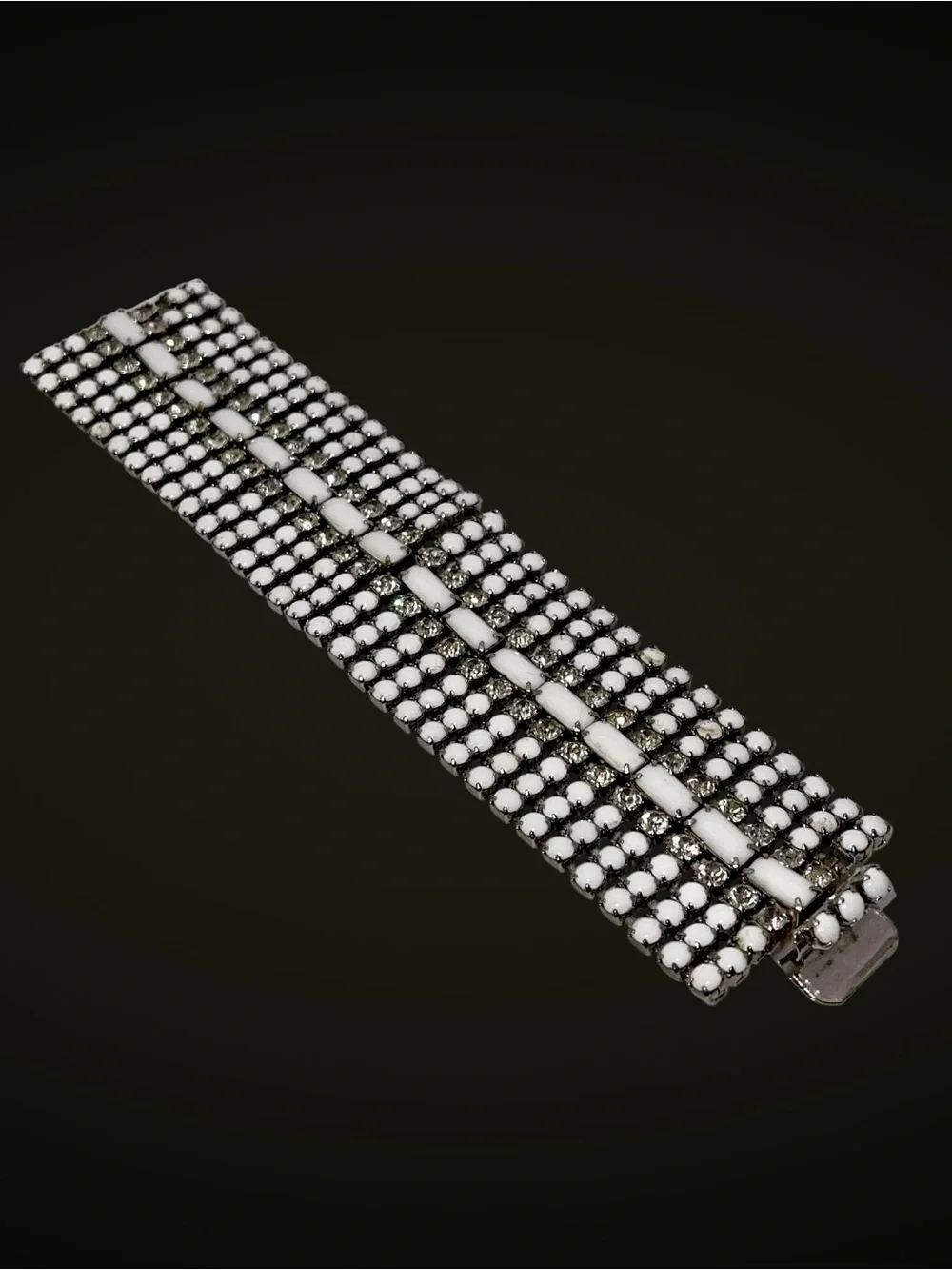 Stunning Vintage MidCentury Milk Glass and Rhinestone Statement Bracelet Estate